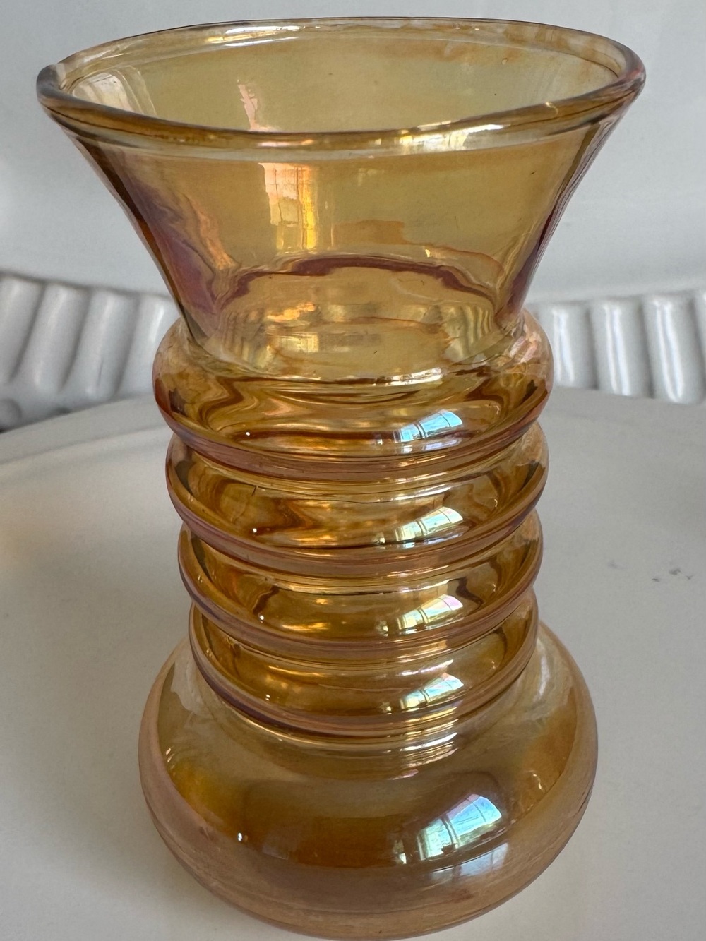 2 Vintage 1930s Art Deco Dunbar Glass "Aramis" Marigold Iridescent Ringed
